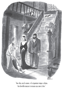 Bearded Lurch from an early Chas Addams cartoon. Caption translates to "Vibrationless, noiseless, and a great time and back saver. No well-appointed home should be without it."